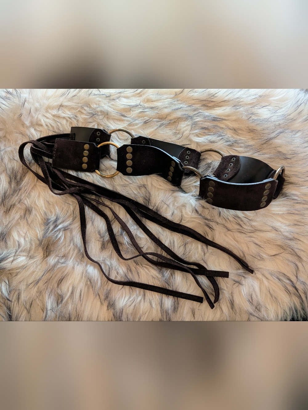 Vintage Suede And Leather Dark Brown Ring-Link Waist Belt with Fringe Tie Size L